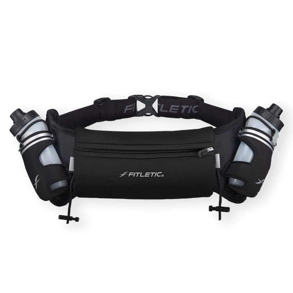 Fitletic Hydration Running Belt with Water Bottles for Men & Women – 2 Quick Flow 8oz Running Water Bottles, Patented Bounce Free Design, Water Resistant Pouch Fits All Phones – Hydra 16