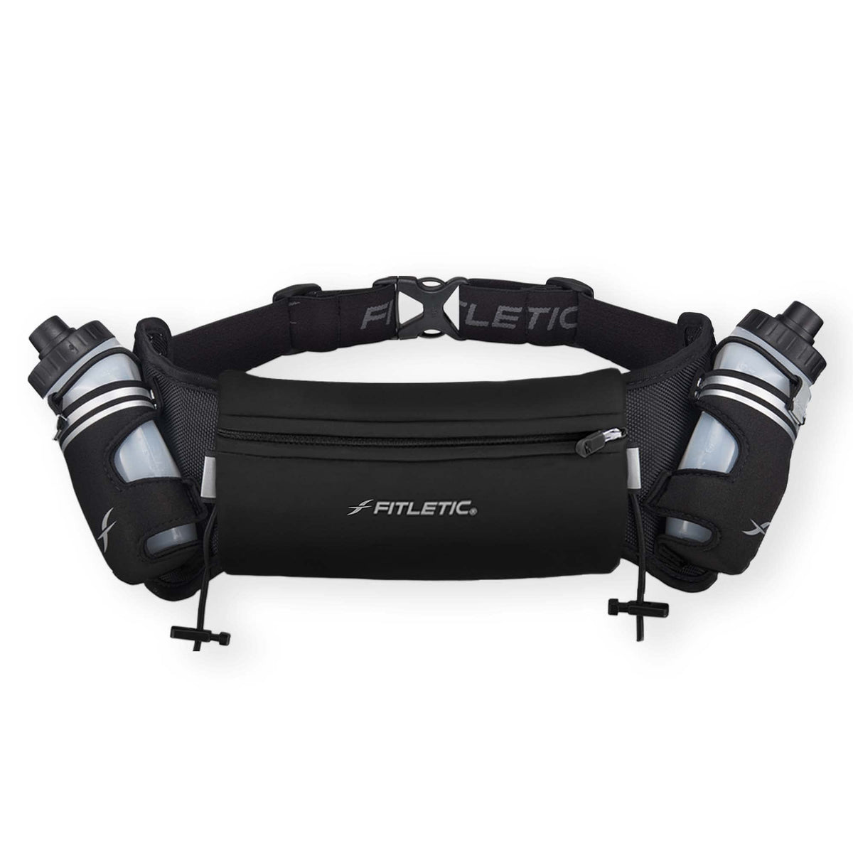 Fitletic Hydration Running Belt with Water Bottles for Men & Women – 2 Quick Flow 8oz Running Water Bottles, Patented Bounce Free Design, Water Resistant Pouch Fits All Phones – Hydra 16