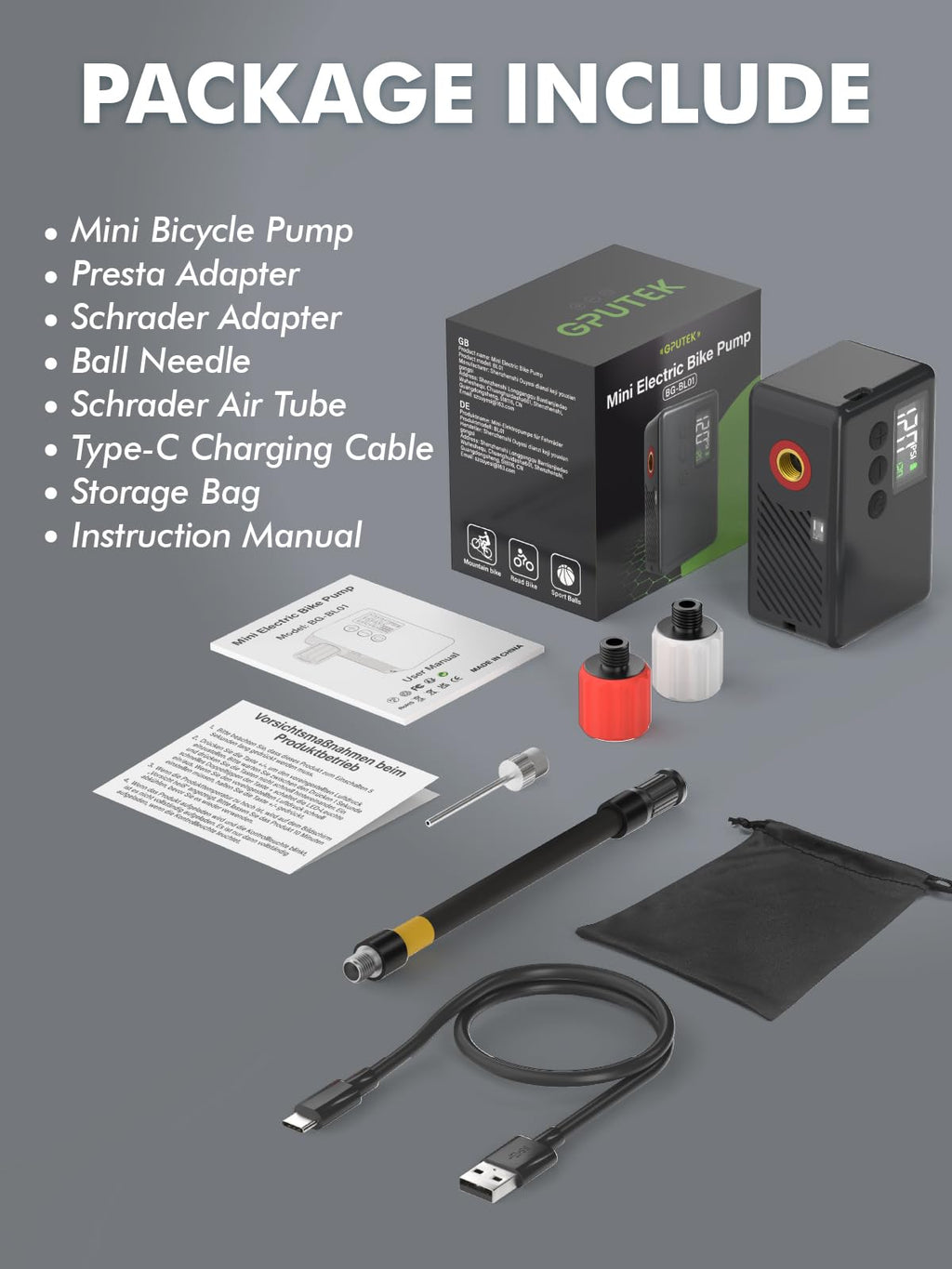 GPUTEK Electric Mini Bike Pump for Presta & Schrader Valves
