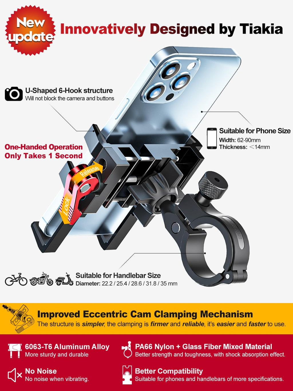 Tiakia Bike Phone Mount Holder, 360° Rotation for 4.5-7 Inch Phones