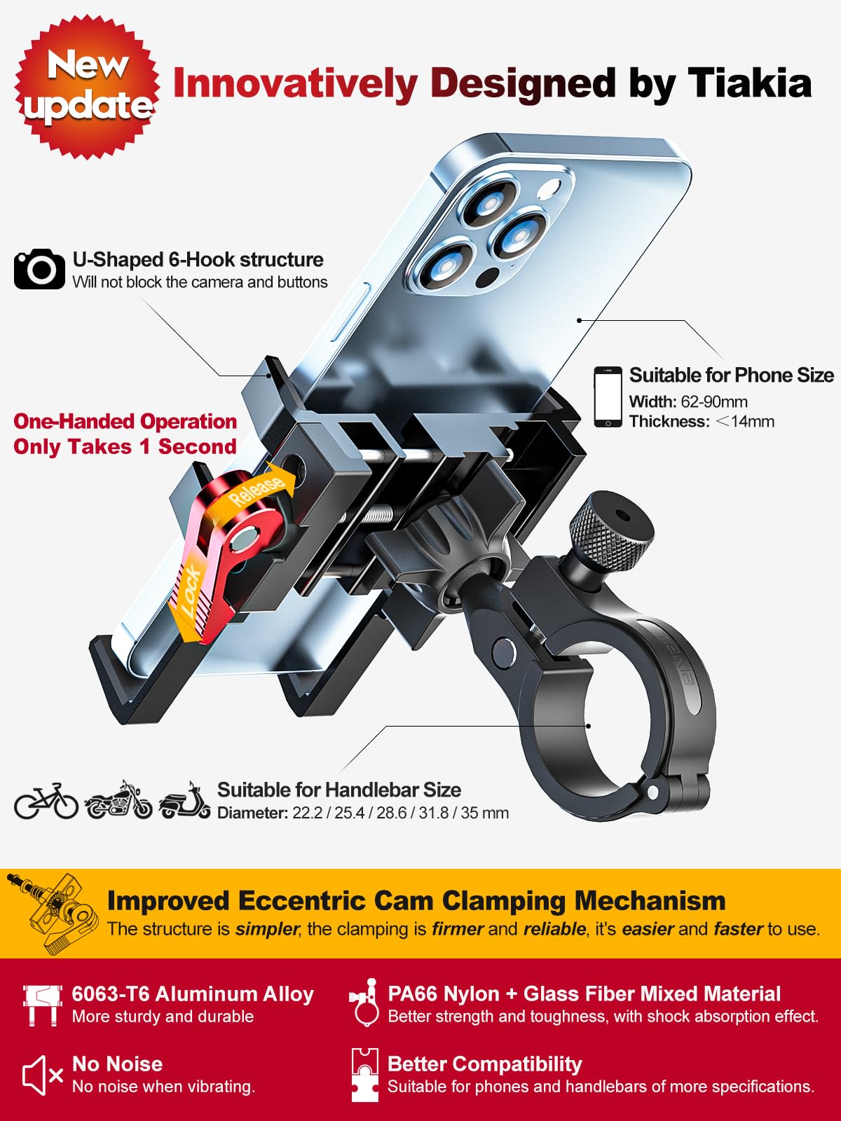 Tiakia Bike Phone Mount Holder, 360° Rotation for 4.5-7 Inch Phones