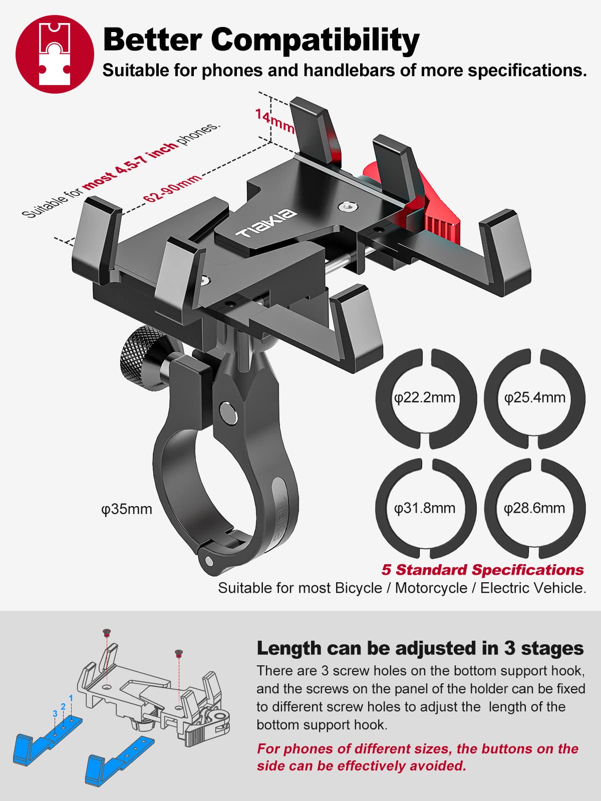 Tiakia Bike Phone Mount Holder, 360° Rotation for 4.5-7 Inch Phones