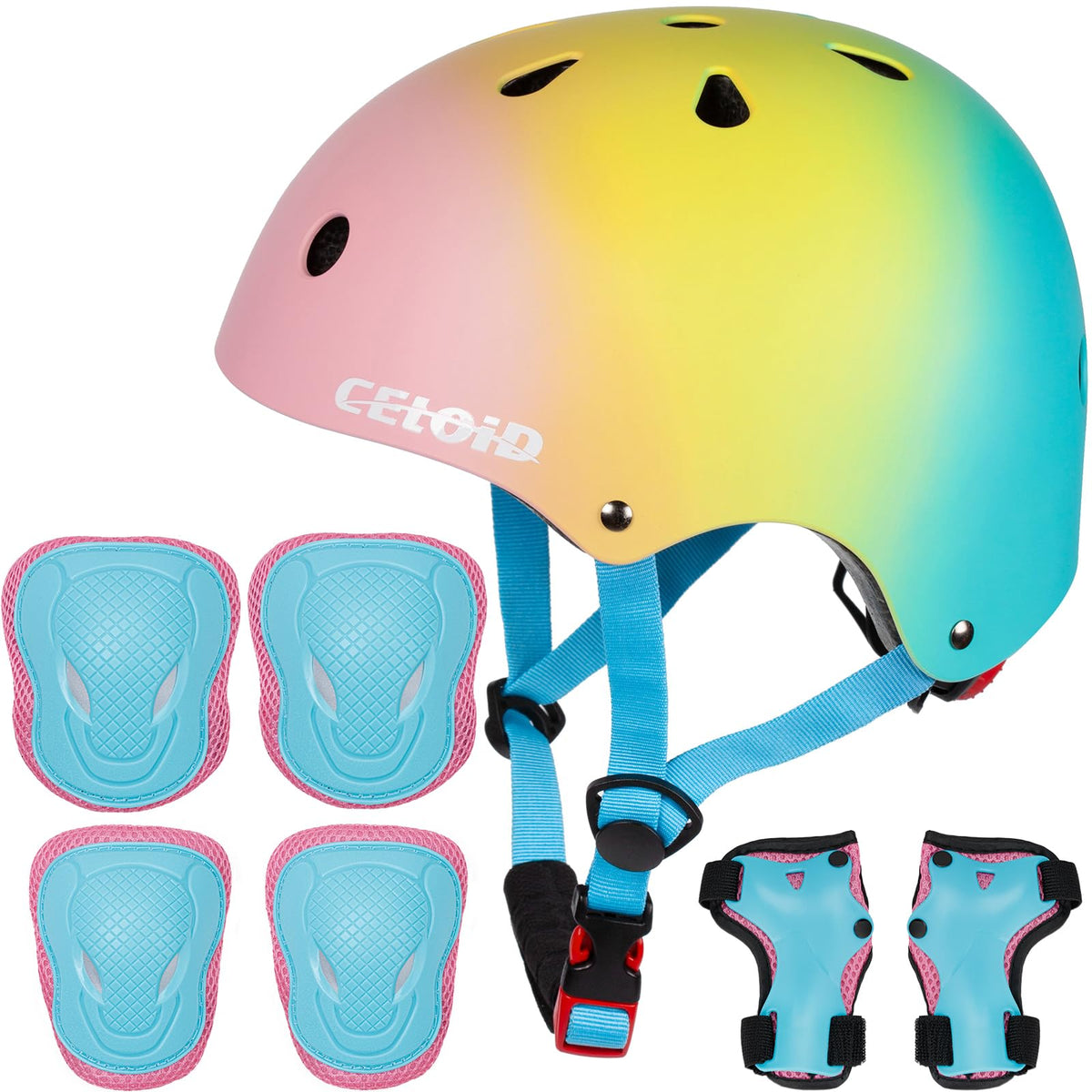 CELOID Kids Bike Skateboard Helmet Pad Set,Toddler Cyling Protective Gear Knee & Elbow Pads Wrist Guards for 5-8-10-12-14-16 Years Girls Boys Bicycle Scooter Roller Skate Inline Skating Rollerblading