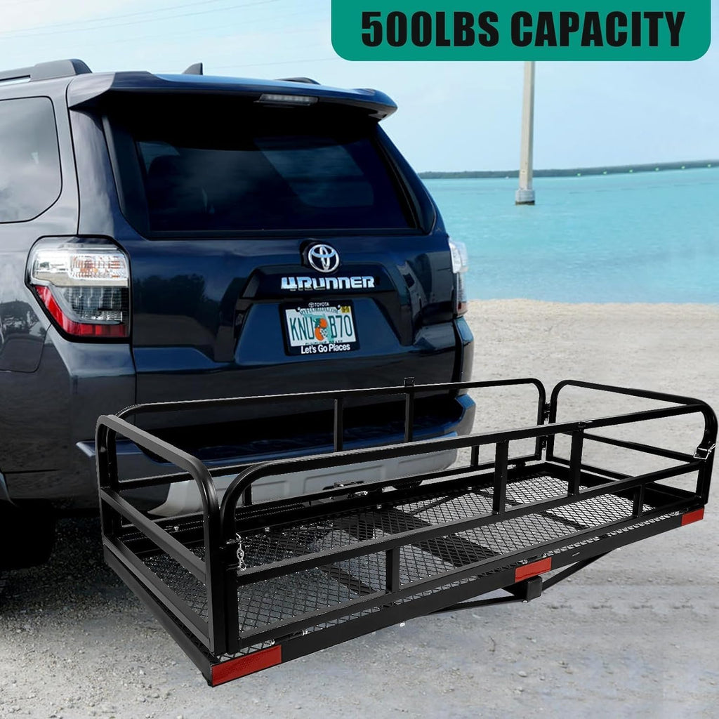 OUTPRIZE Trailer Hitch Cargo Rack, 60 x 24 x 14 Inch Folding Hitch Mount Cargo Carrier with High Side Rails for RV Truck SUV Van, 500 lbs. Capacity, 2" Receiver, Black