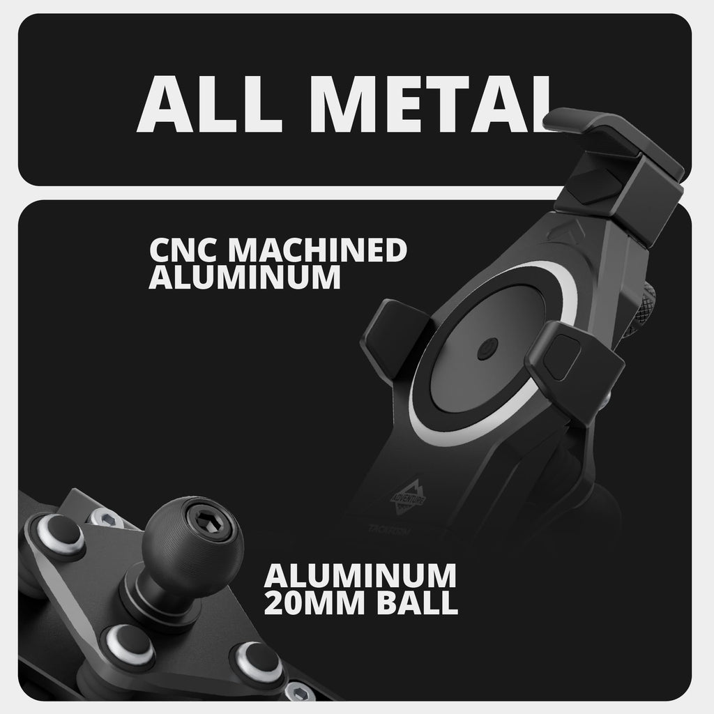 Tackform Aluminum Motorcycle Adventure Phone Mount - Vibration Dampening and Wireless Charging | BC3 Universal Clamp | Short Reach Arm