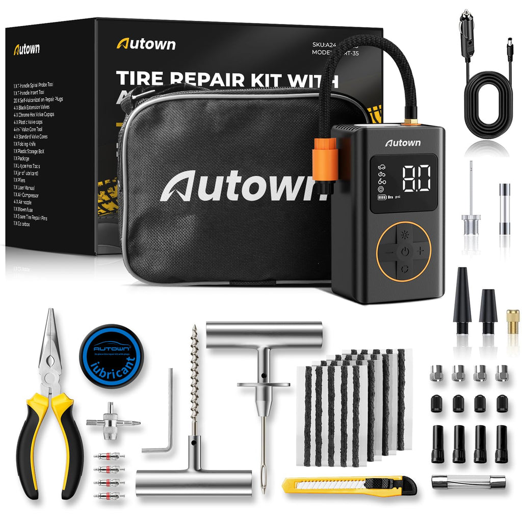 AUTOWN Flat Tire Repair Kit with Air Compressor, Professional Tire Plug Kit