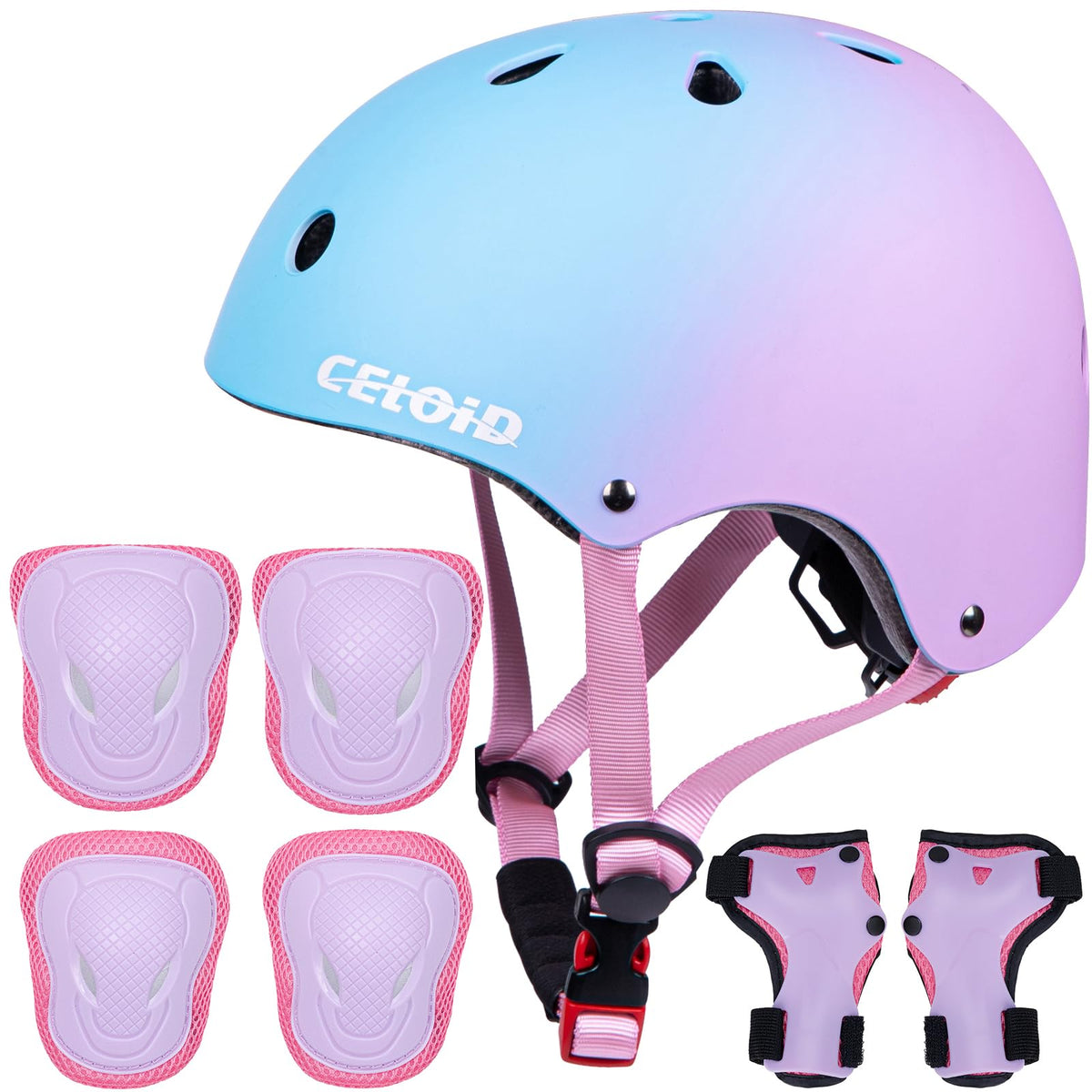 CELOID Kids Bike Skateboard Helmet Pad Set,Toddler Cyling Protective Gear Knee & Elbow Pads Wrist Guards for 5-8-10-12-14-16 Years Girls Boys Bicycle Scooter Roller Skate Inline Skating Rollerblading