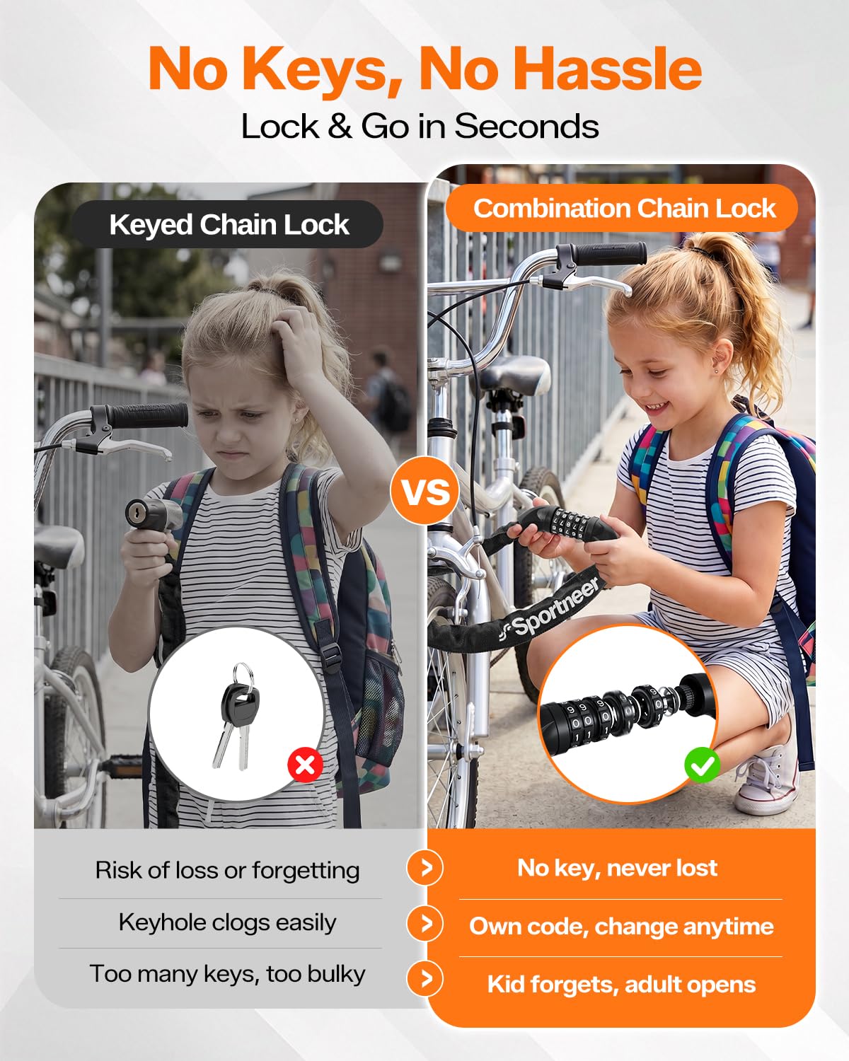 Sportneer Bike Lock: 5 Digit Combination High Security Anti Theft Bike Chain Lock - 3.2/3.6/4ft Heavy Duty Keyless Bicycle Lock for Bike, Motorcycle, Scooter, Door & Gate - 4/6mm Thick, Easy to Use