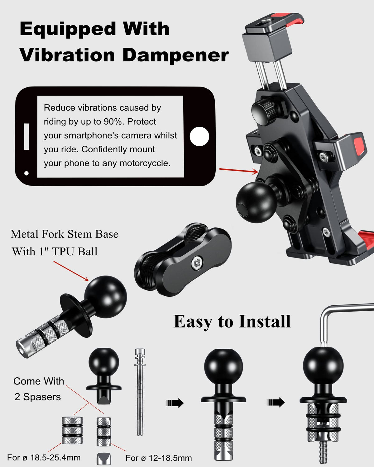 BRCOVAN Metal Anti-Theft Motorcycle Fork Stem Phone Mount Holder