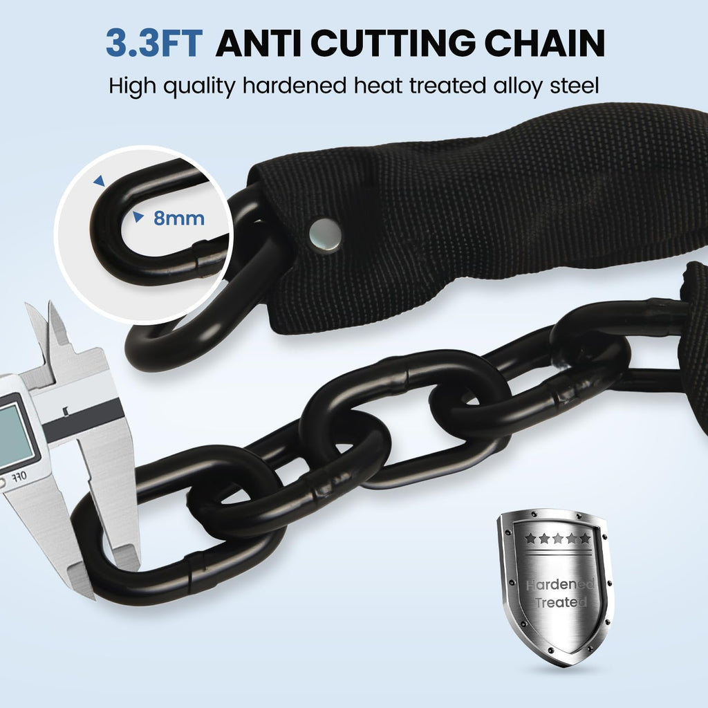 Bike Chain Lock with Alarm 130dB, Heavy Duty Motorcycle Locks Anti Theft 3.3FT, 8mm Hardened Steel Chain with Mini U Lock