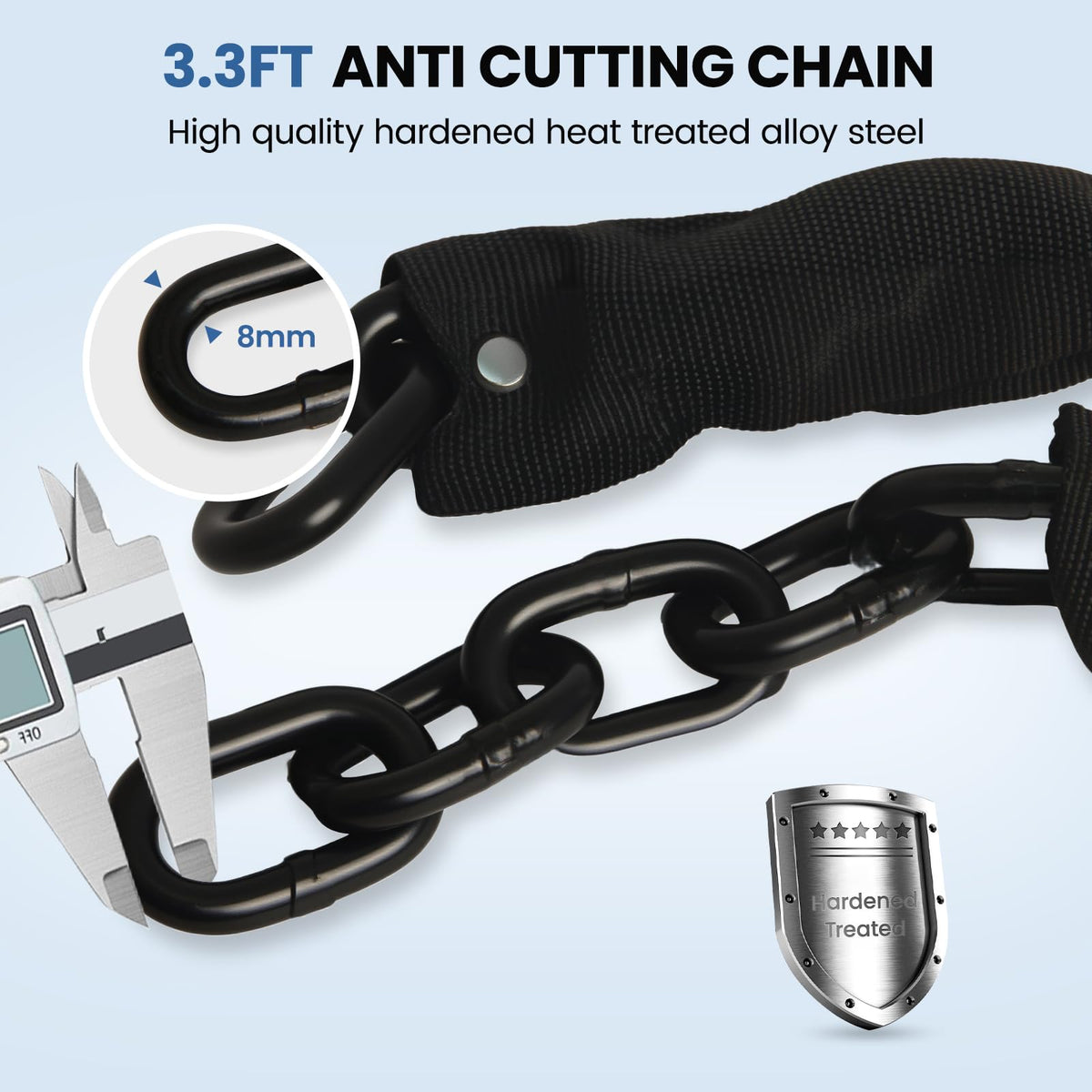 Bike Chain Lock with Alarm 130dB, Heavy Duty Motorcycle Locks Anti Theft 3.3FT, 8mm Hardened Steel Chain with Mini U Lock