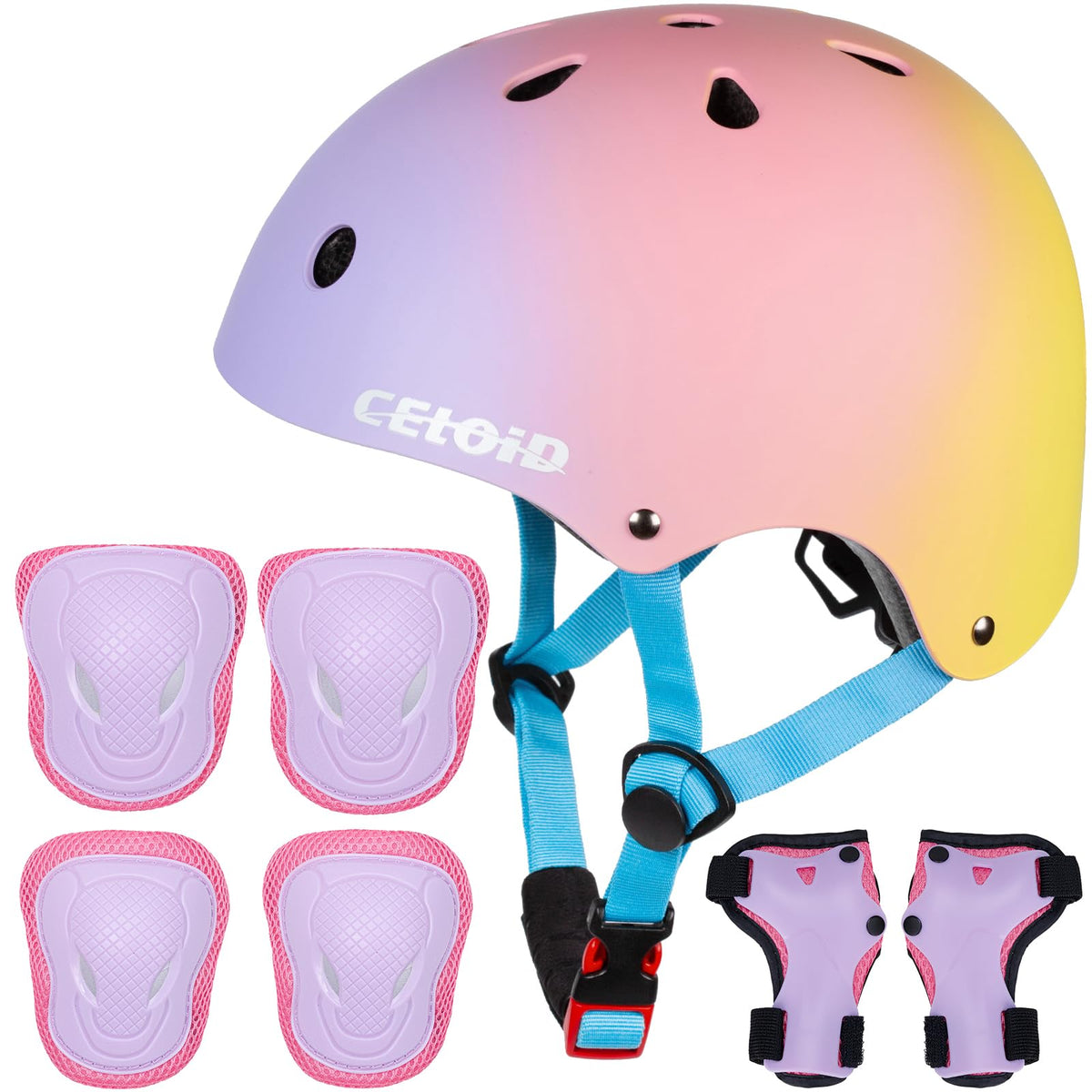 CELOID Kids Bike Skateboard Helmet Pad Set,Toddler Cyling Protective Gear Knee & Elbow Pads Wrist Guards for 5-8-10-12-14-16 Years Girls Boys Bicycle Scooter Roller Skate Inline Skating Rollerblading