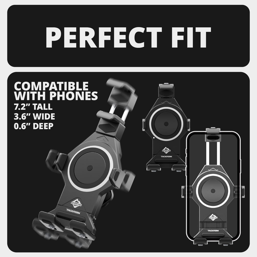Tackform Aluminum Motorcycle Adventure Phone Mount - Vibration Dampening and Wireless Charging | BC3 Universal Clamp | Short Reach Arm