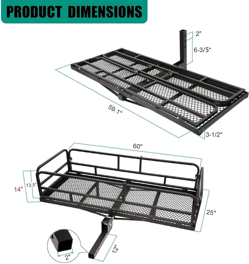OUTPRIZE Trailer Hitch Cargo Rack, 60 x 24 x 14 Inch Folding Hitch Mount Cargo Carrier with High Side Rails for RV Truck SUV Van, 500 lbs. Capacity, 2" Receiver, Black