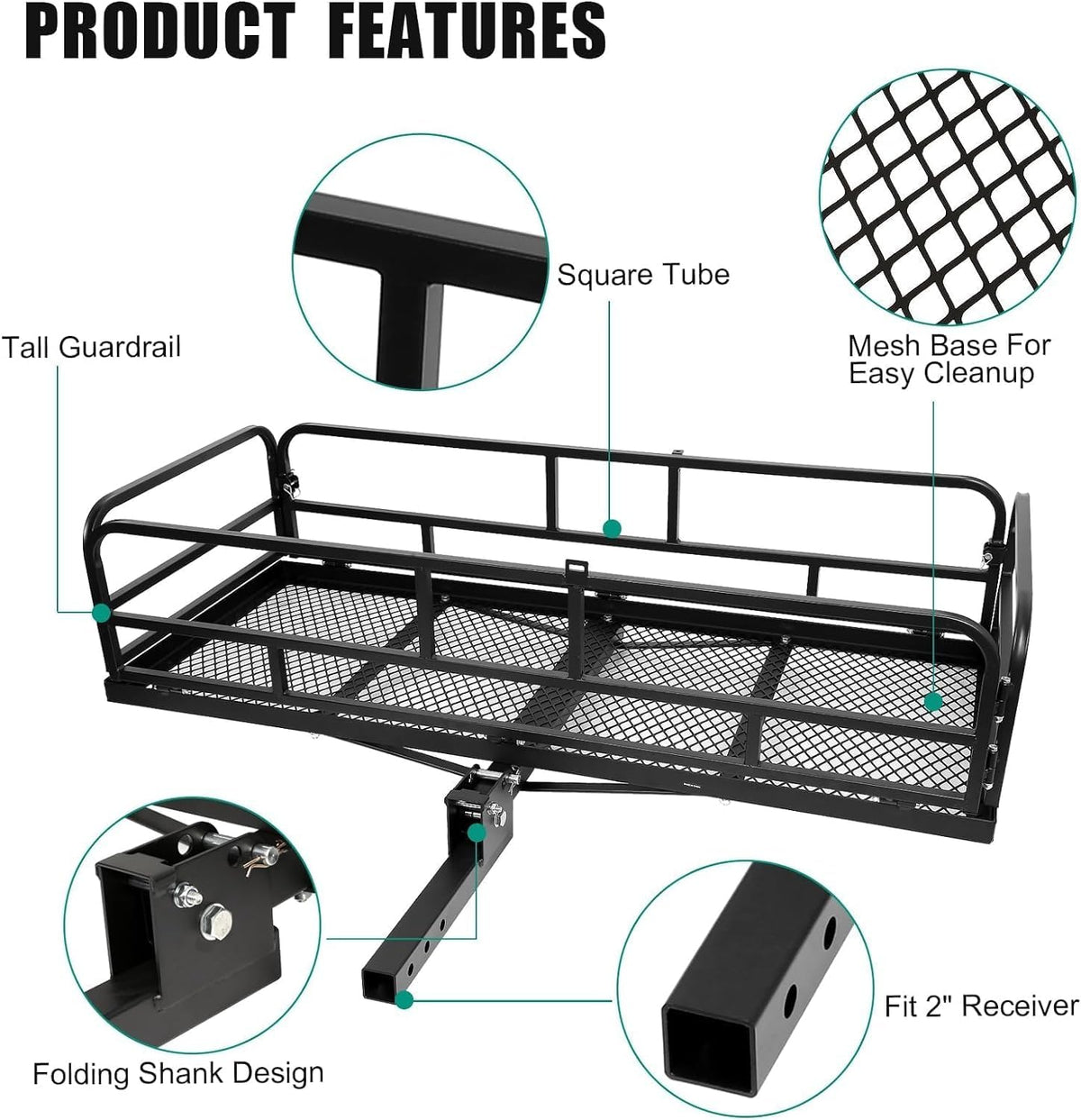 OUTPRIZE Trailer Hitch Cargo Rack, 60 x 24 x 14 Inch Folding Hitch Mount Cargo Carrier with High Side Rails for RV Truck SUV Van, 500 lbs. Capacity, 2" Receiver, Black