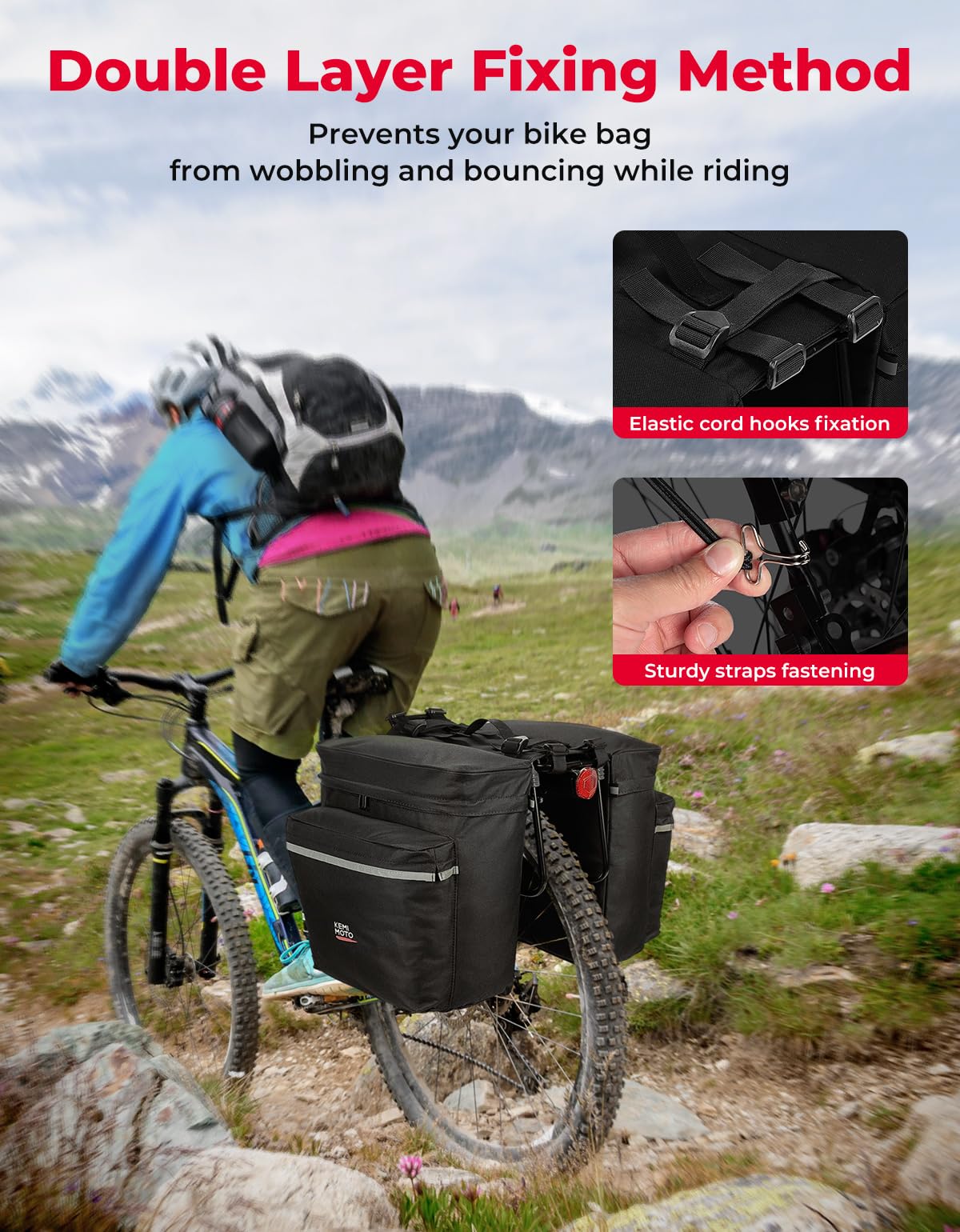 KEMIMOTO Portable Bike Pannier Bag, Water Resistant Bicycle Trunk Bag with Reflective Trim, Bike Saddle Bag for Grocery Shopping Commut Long Cycling Trip