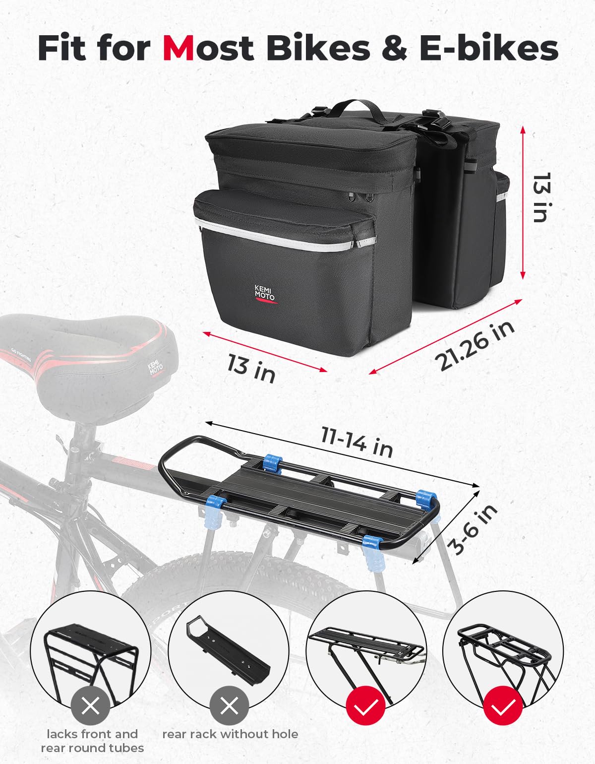 KEMIMOTO Portable Bike Pannier Bag, Water Resistant Bicycle Trunk Bag with Reflective Trim, Bike Saddle Bag for Grocery Shopping Commut Long Cycling Trip