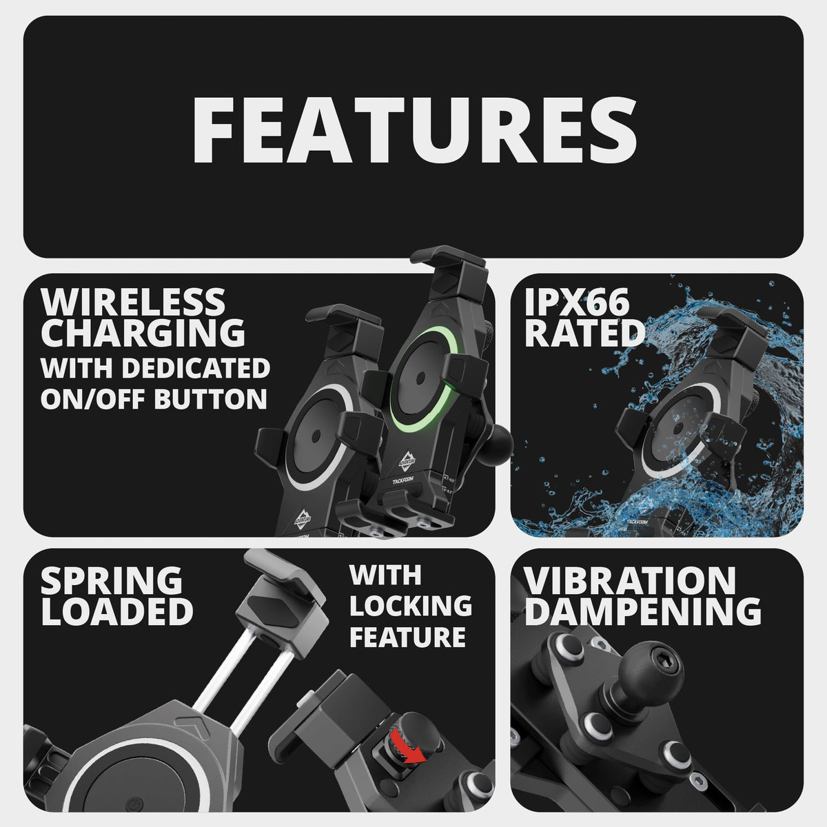 Tackform Aluminum Motorcycle Adventure Phone Mount - Vibration Dampening and Wireless Charging | BC3 Universal Clamp | Short Reach Arm