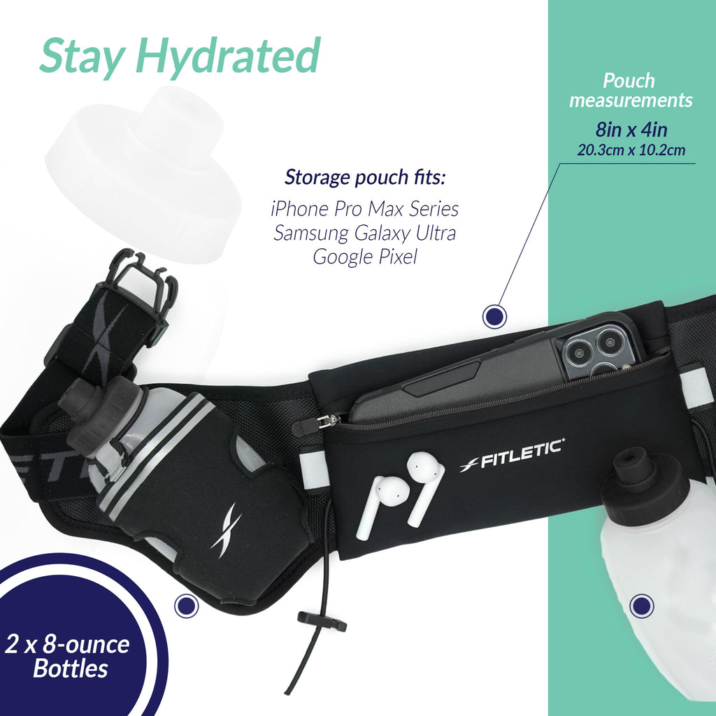 Fitletic Hydration Running Belt with Water Bottles for Men & Women – 2 Quick Flow 8oz Running Water Bottles, Patented Bounce Free Design, Water Resistant Pouch Fits All Phones – Hydra 16