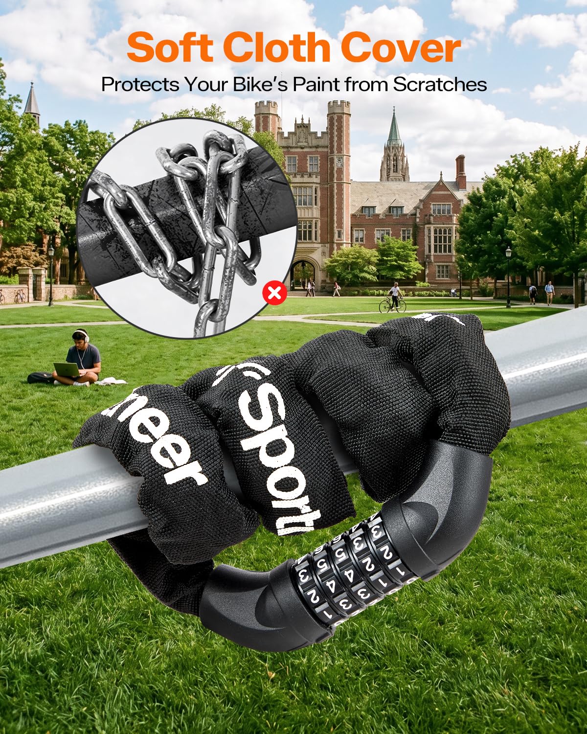 Sportneer Bike Lock: 5 Digit Combination High Security Anti Theft Bike Chain Lock - 3.2/3.6/4ft Heavy Duty Keyless Bicycle Lock for Bike, Motorcycle, Scooter, Door & Gate - 4/6mm Thick, Easy to Use