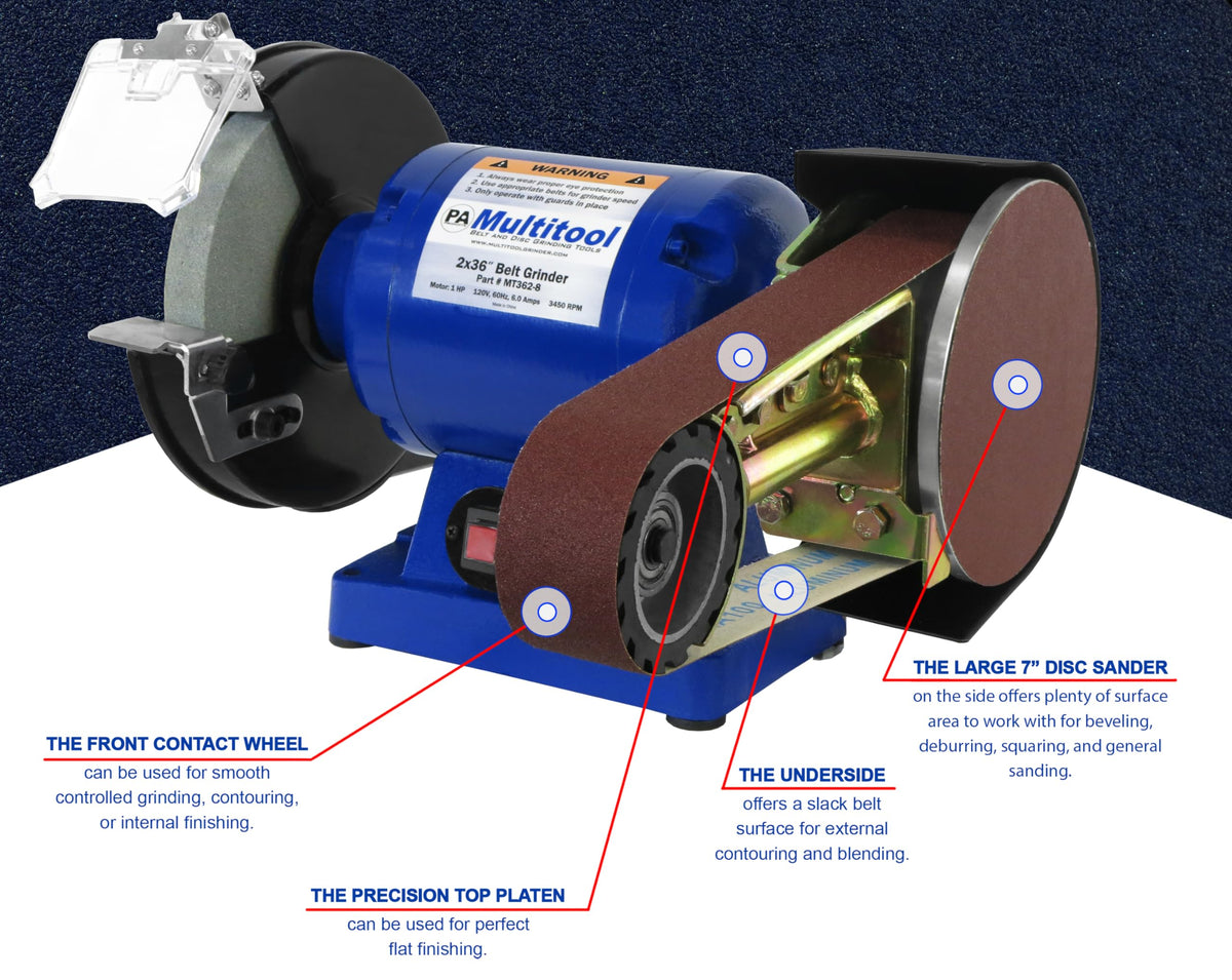 Multitool 2" x 36" Deluxe Kit, 1 hp Industrial Belt Grinder with Tilting Stand, Work Rest and Starter Belt Kit