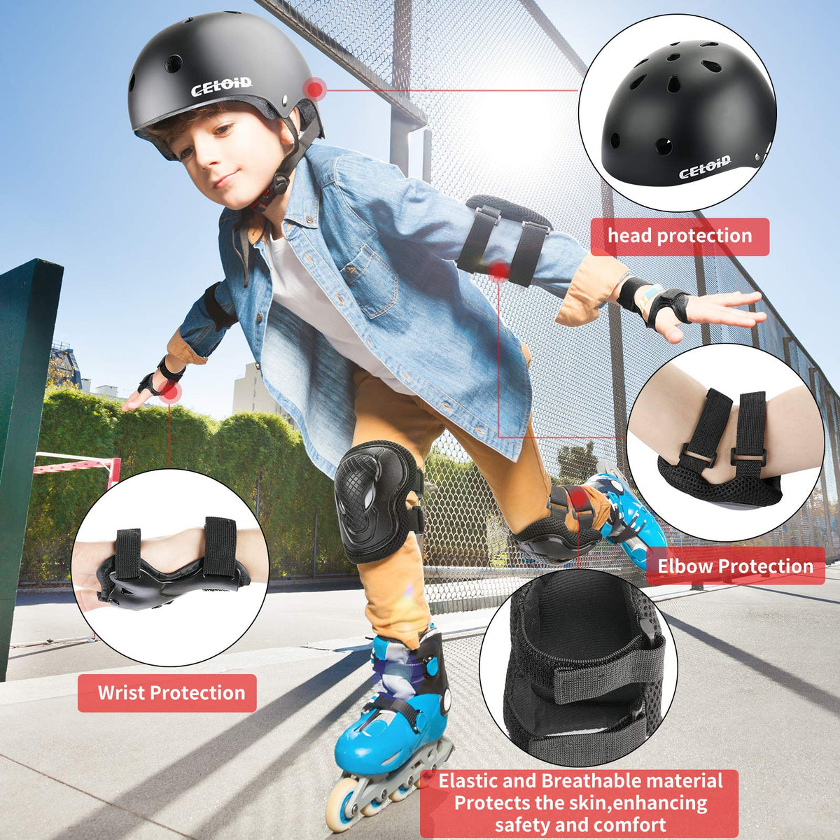 CELOID Kids Bike Skateboard Helmet Pad Set,Toddler Cyling Protective Gear Knee & Elbow Pads Wrist Guards for 5-8-10-12-14-16 Years Girls Boys Bicycle Scooter Roller Skate Inline Skating Rollerblading