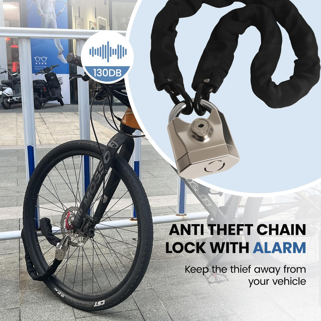 Bike Chain Lock with Alarm 130dB, Heavy Duty Motorcycle Locks Anti Theft 3.3FT, 8mm Hardened Steel Chain with Mini U Lock