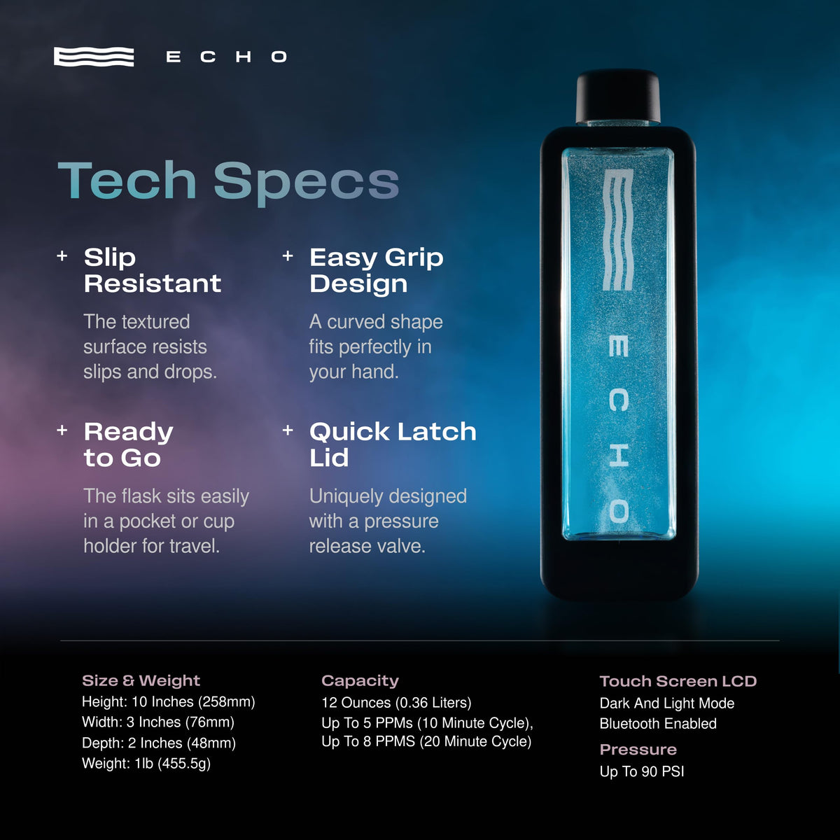 Echo Flask Hydrogen Water Bottle - Active Hydration Solution with Water Intake Tracking & LCD Touch Screen - Compact & Convenient - Transparent Hydrogen Flask - 12 oz