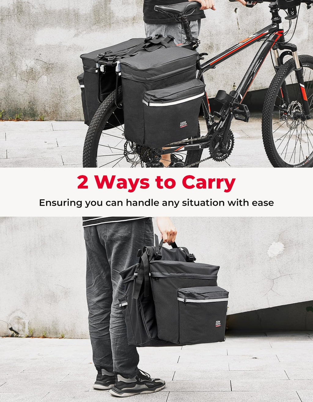 KEMIMOTO Portable Bike Pannier Bag, Water Resistant Bicycle Trunk Bag with Reflective Trim, Bike Saddle Bag for Grocery Shopping Commut Long Cycling Trip