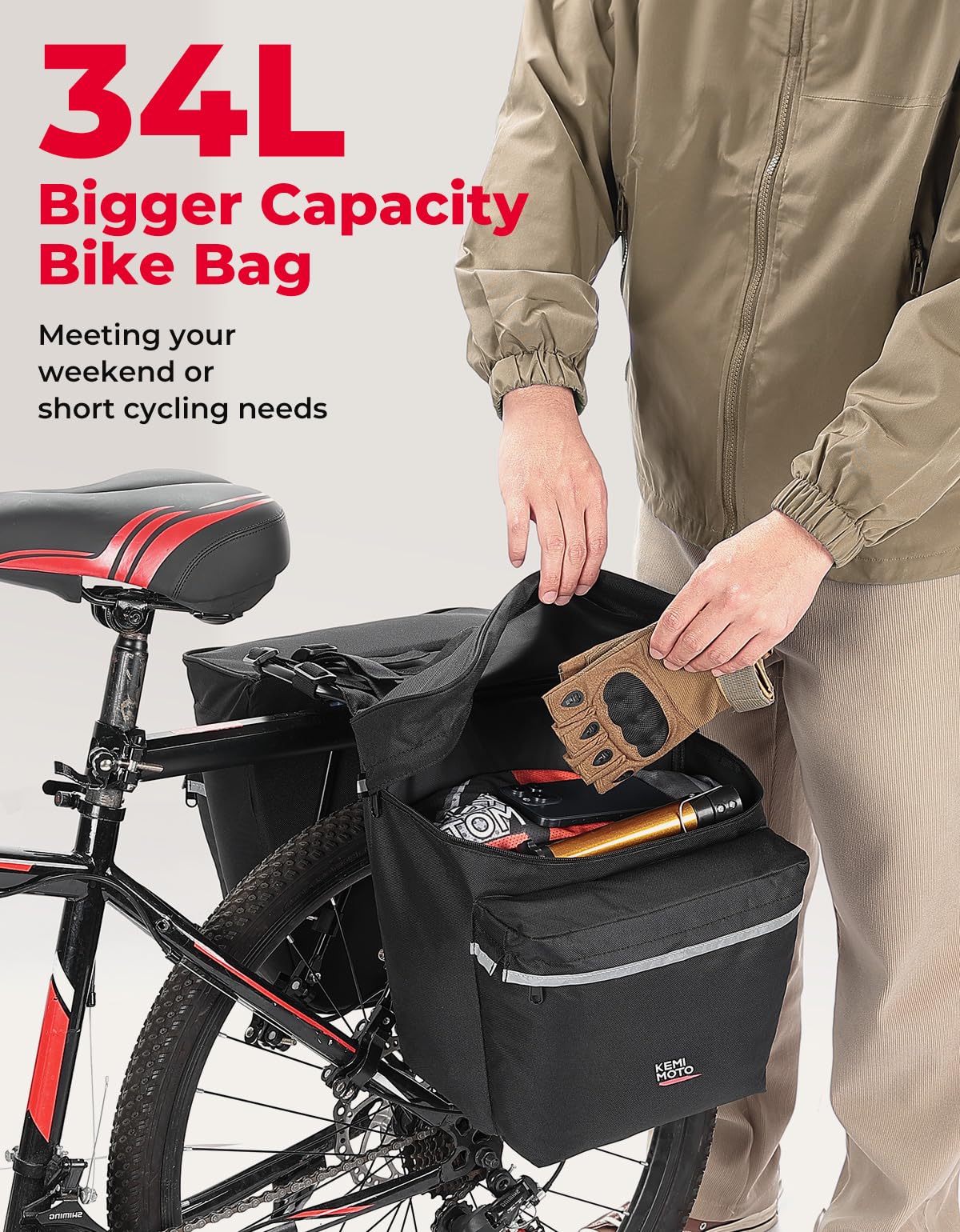 KEMIMOTO Portable Bike Pannier Bag, Water Resistant Bicycle Trunk Bag with Reflective Trim, Bike Saddle Bag for Grocery Shopping Commut Long Cycling Trip