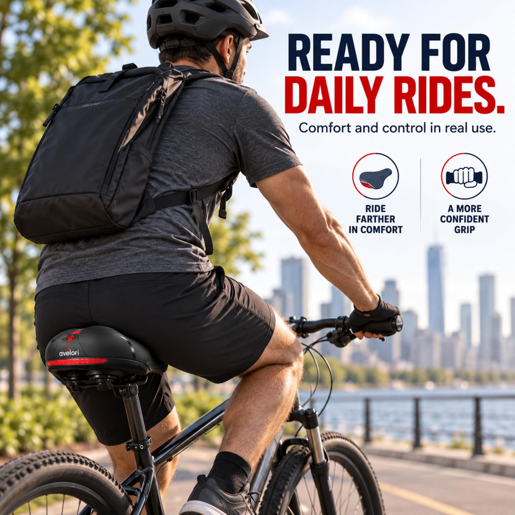 Avelori Bike Comfort Bundle – Premium Memory Foam Bicycle Saddle with Dual Spring Suspension & Ergonomic Lock-On Handlebar Grips – Universal Fit for MTB, Road, and Cruiser Bikes