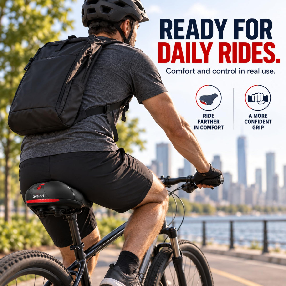 Avelori Bike Comfort Bundle – Premium Memory Foam Bicycle Saddle with Dual Spring Suspension & Ergonomic Lock-On Handlebar Grips – Universal Fit for MTB, Road, and Cruiser Bikes