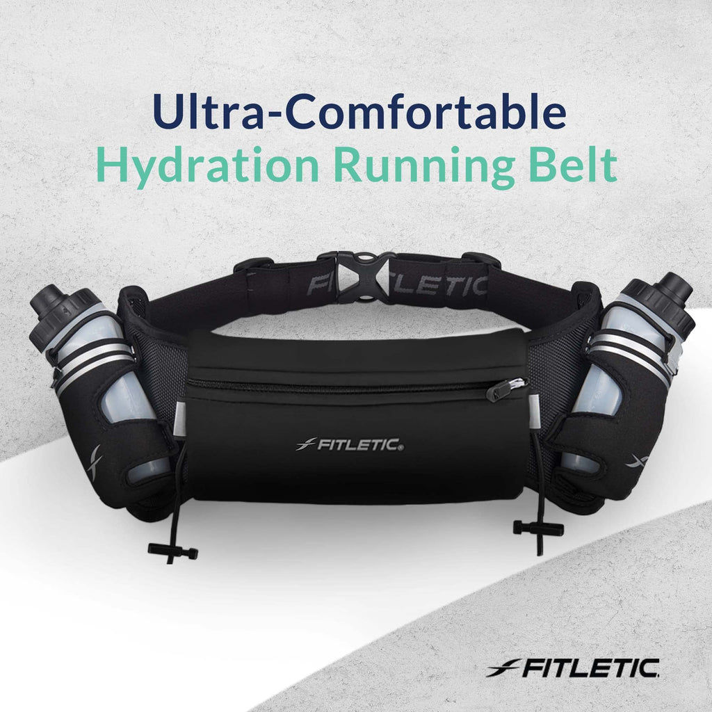 Fitletic Hydration Running Belt with Water Bottles for Men & Women – 2 Quick Flow 8oz Running Water Bottles, Patented Bounce Free Design, Water Resistant Pouch Fits All Phones – Hydra 16