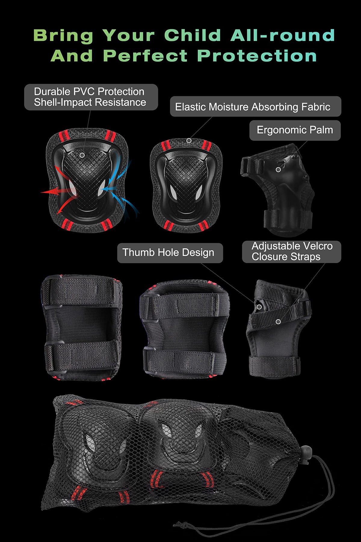 XJD Kids Bike Helmet Set for 3-5-8-14 Years, Knee Elbow Pads Wrist Guards
