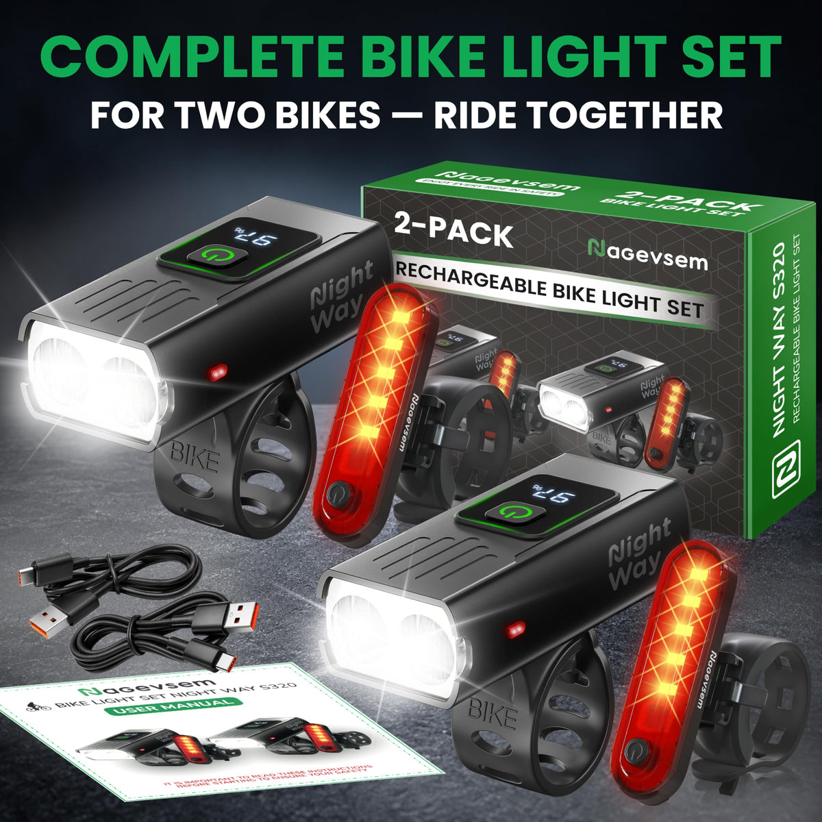 Bike Lights Front and Back for Night Riding, Rechargeable Bicycle Light Set