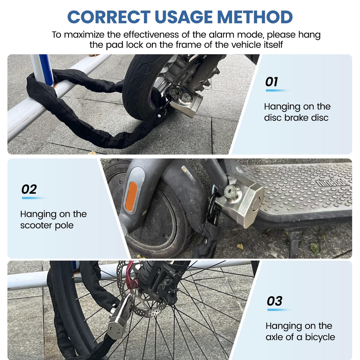 Bike Chain Lock with Alarm 130dB, Heavy Duty Motorcycle Locks Anti Theft 3.3FT, 8mm Hardened Steel Chain with Mini U Lock
