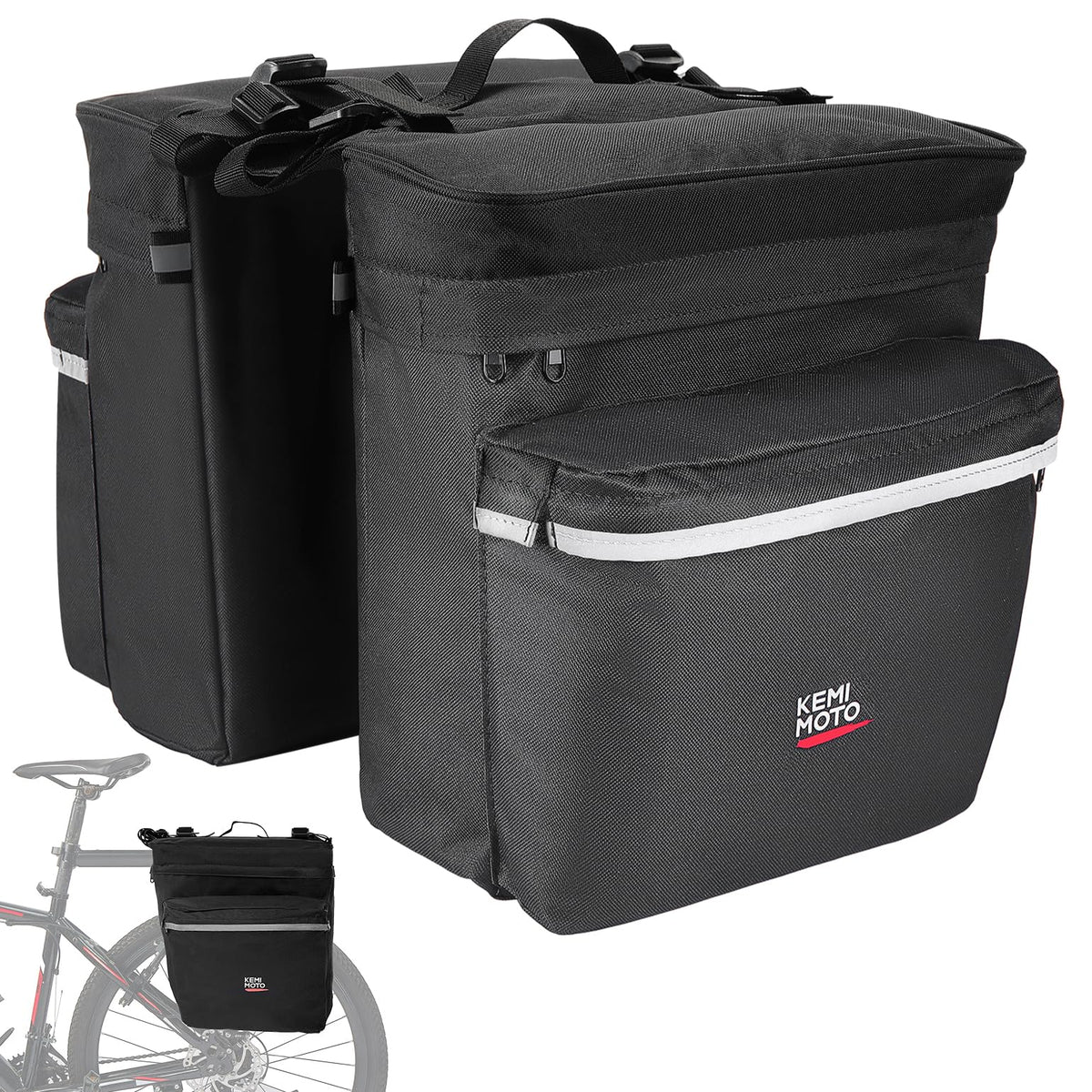 KEMIMOTO Portable Bike Pannier Bag, Water Resistant Bicycle Trunk Bag with Reflective Trim, Bike Saddle Bag for Grocery Shopping Commut Long Cycling Trip